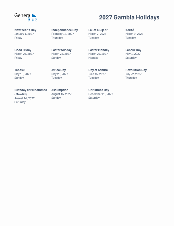 Free printable list of Gambia holidays for year 2027