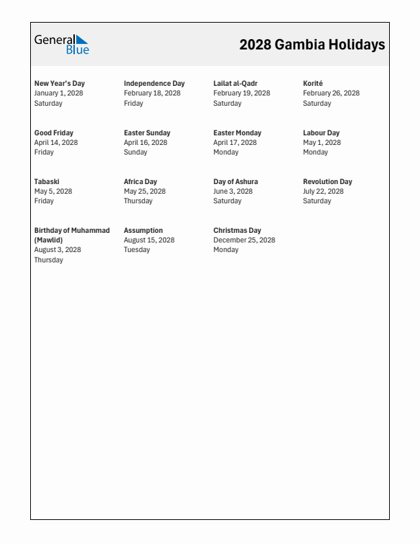 Free printable list of Gambia holidays for year 2028