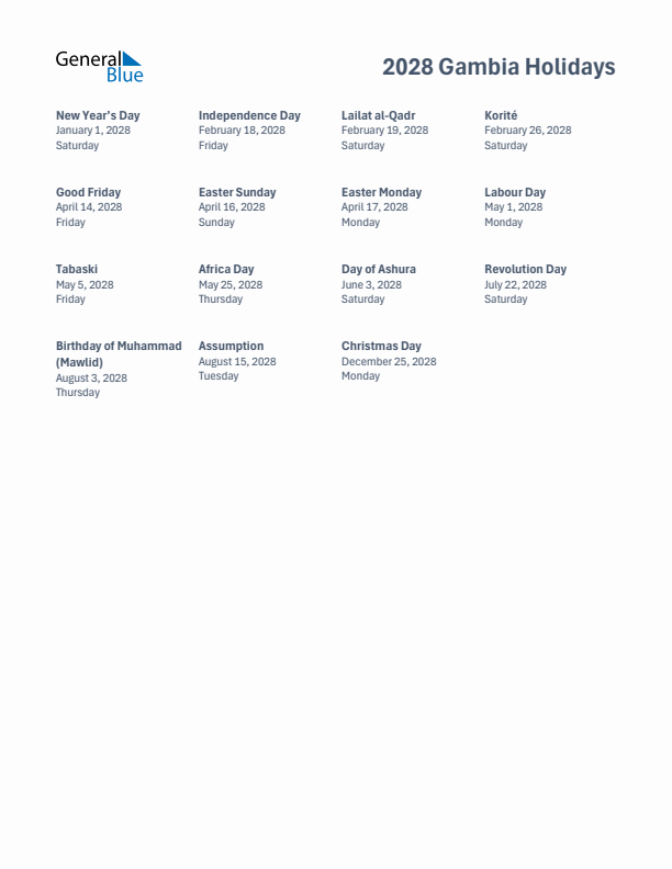 Free printable list of Gambia holidays for year 2028