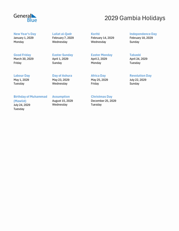 Free printable list of Gambia holidays for year 2029