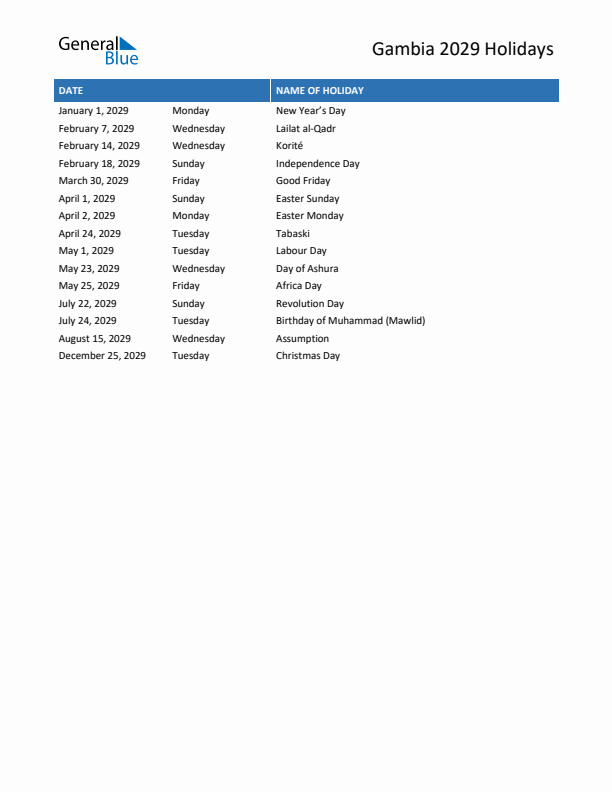 Free printable list of Gambia holidays for year 2029
