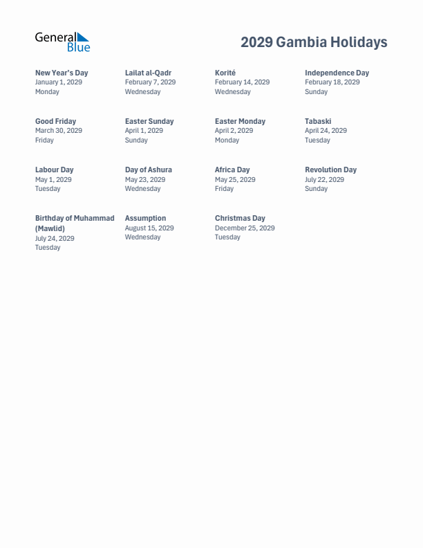 Free printable list of Gambia holidays for year 2029