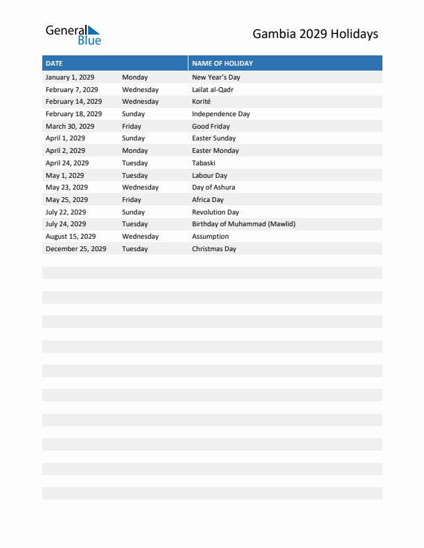 Free printable list of Gambia holidays for year 2029