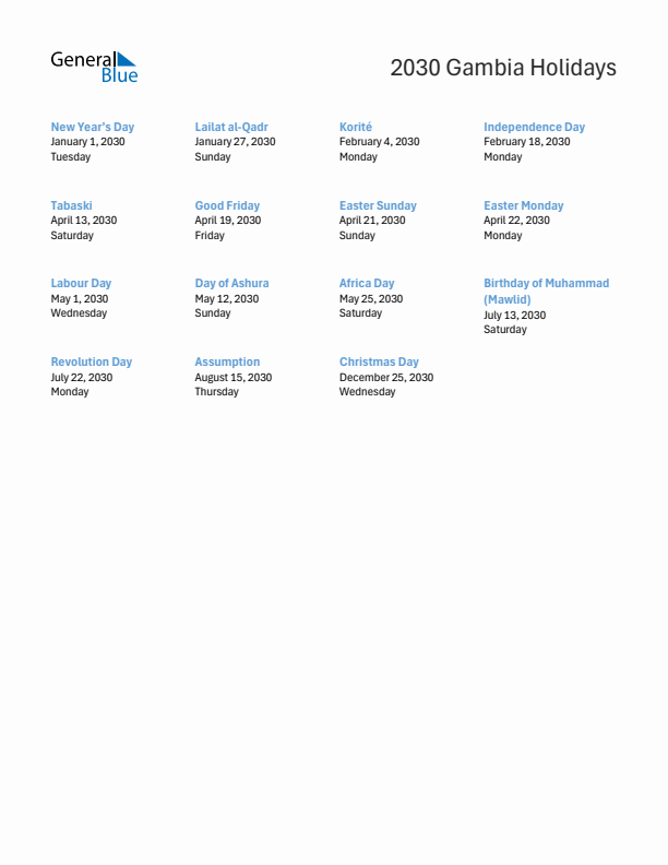 Free printable list of Gambia holidays for year 2030