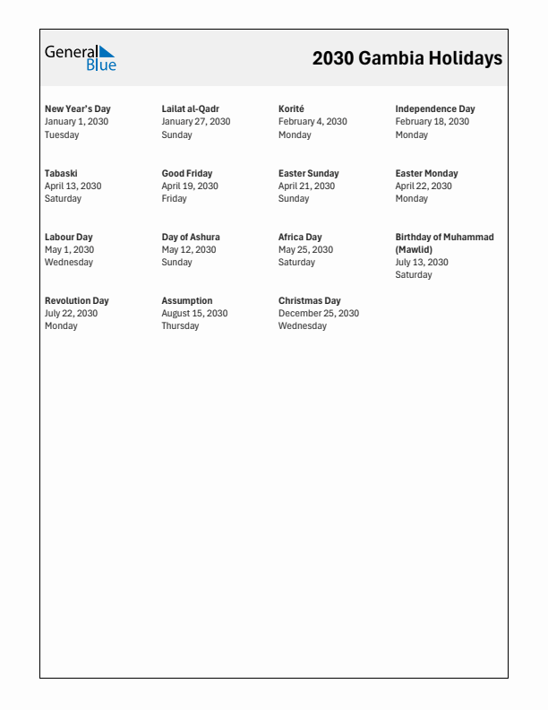 Free printable list of Gambia holidays for year 2030