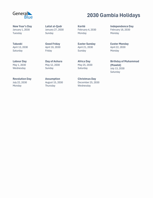 Free printable list of Gambia holidays for year 2030