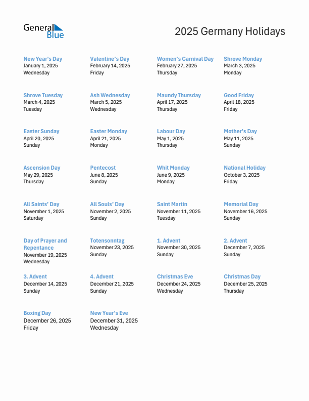2025 Germany List of Holidays in PDF, Word, and Excel