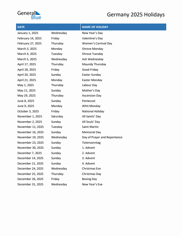 2025 Germany List of Holidays in PDF, Word, and Excel