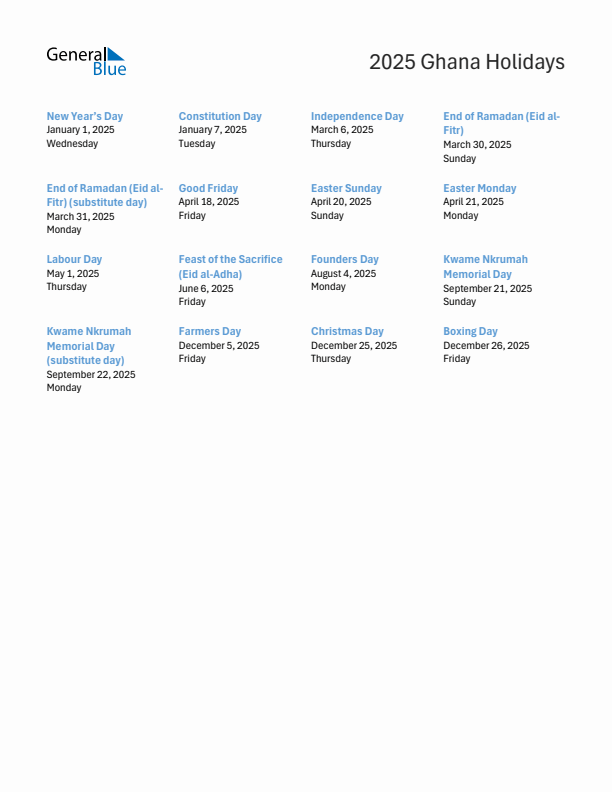 Free printable list of Ghana holidays for year 2025