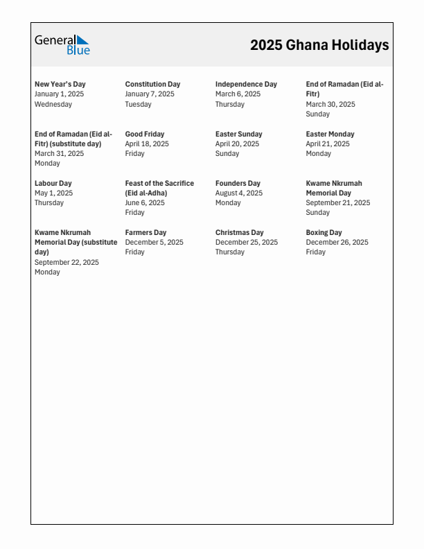 Free printable list of Ghana holidays for year 2025