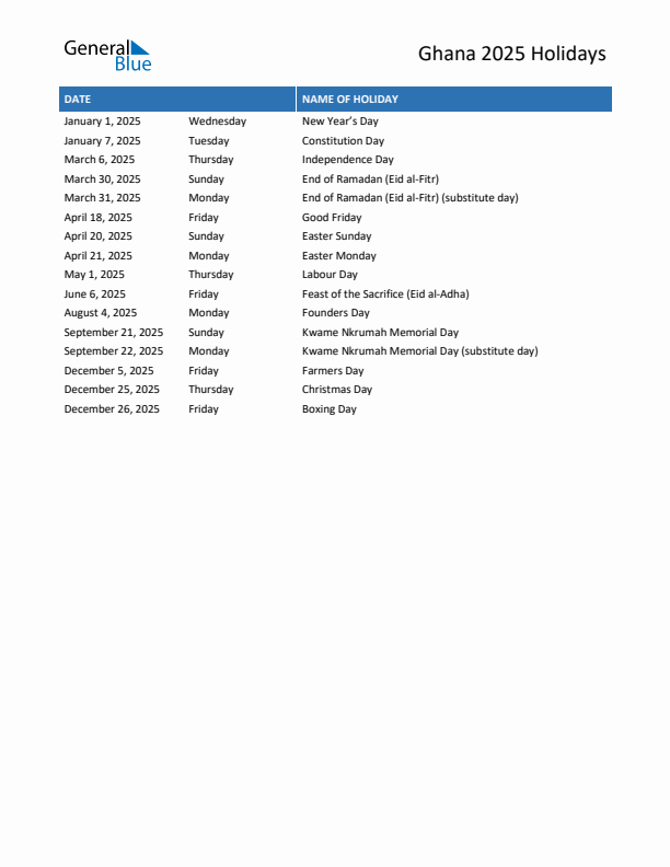 Free printable list of Ghana holidays for year 2025