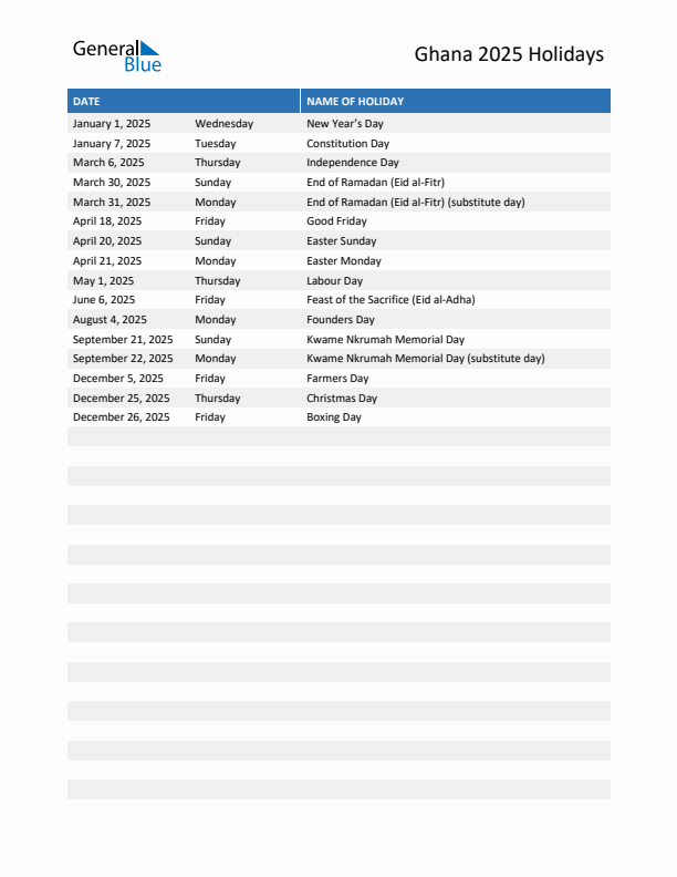 Free printable list of Ghana holidays for year 2025