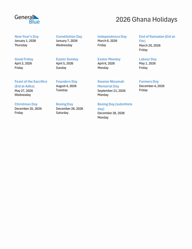 Free printable list of Ghana holidays for year 2026