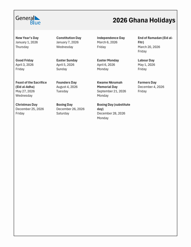 Free printable list of Ghana holidays for year 2026