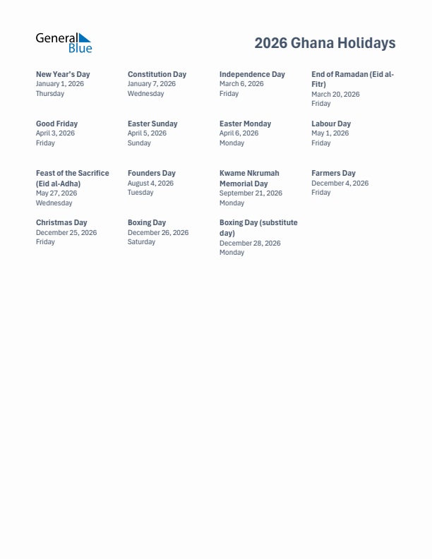 Free printable list of Ghana holidays for year 2026