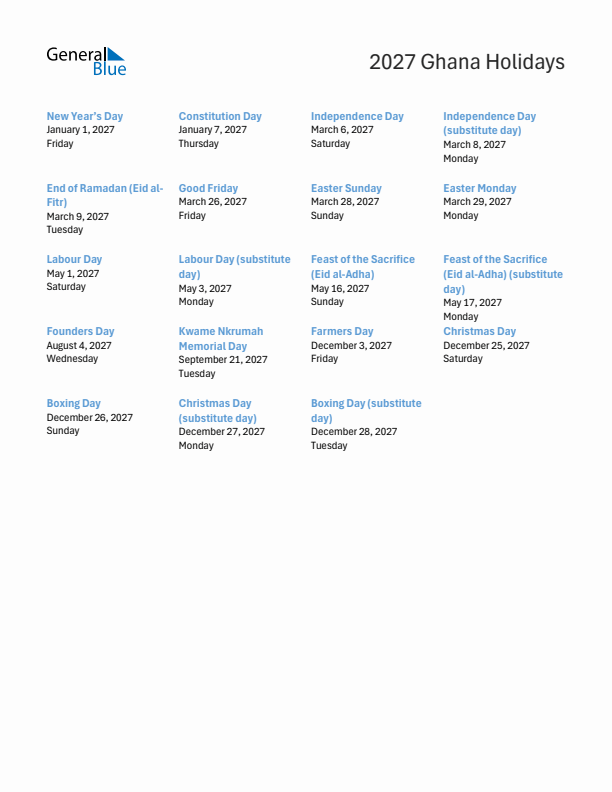 Free printable list of Ghana holidays for year 2027
