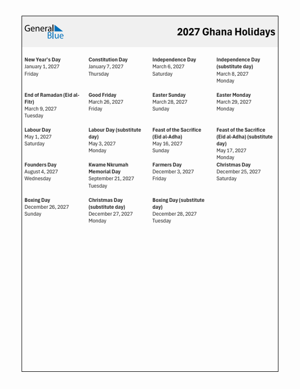 Free printable list of Ghana holidays for year 2027