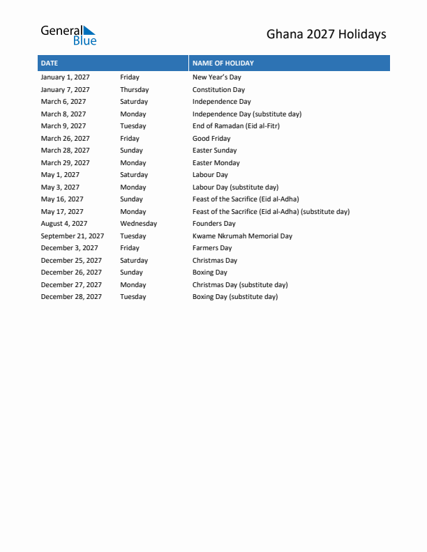 Free printable list of Ghana holidays for year 2027