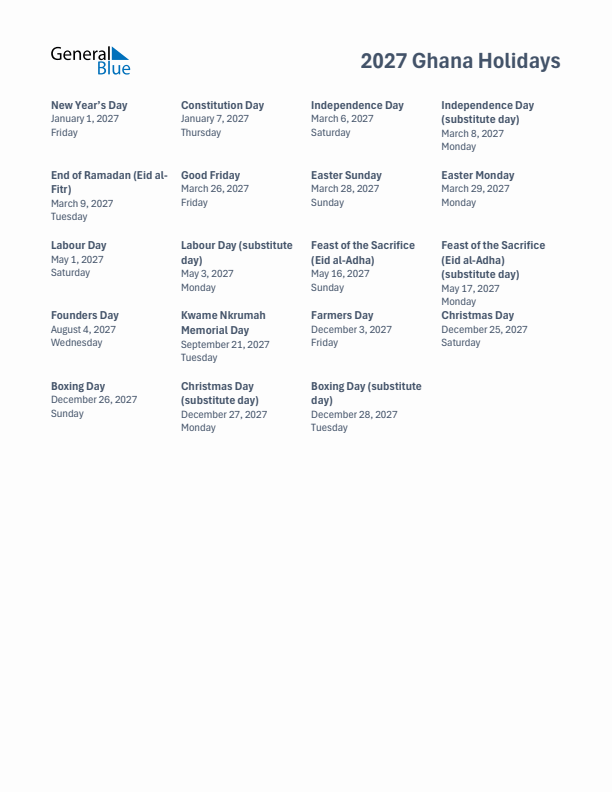 Free printable list of Ghana holidays for year 2027