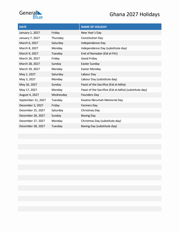 Free printable list of Ghana holidays for year 2027