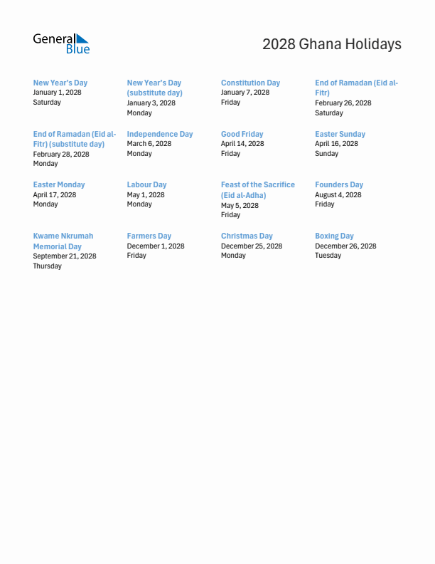Free printable list of Ghana holidays for year 2028