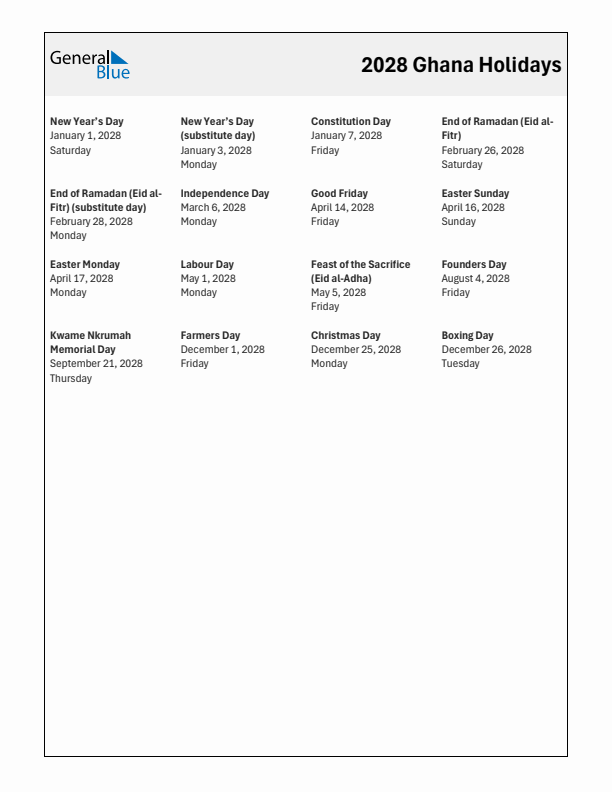 Free printable list of Ghana holidays for year 2028