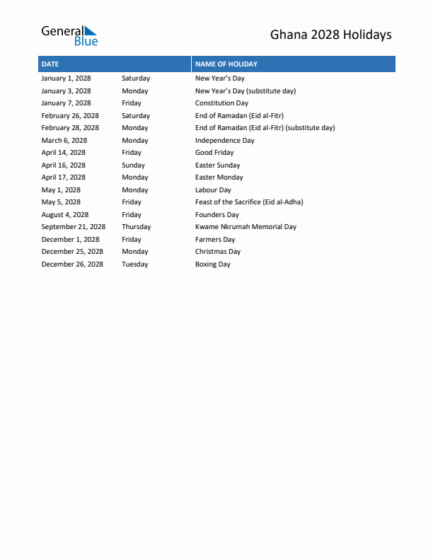 Free printable list of Ghana holidays for year 2028