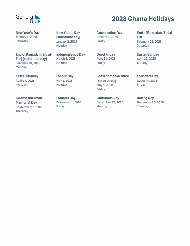 Free printable list of Ghana holidays for year 2028