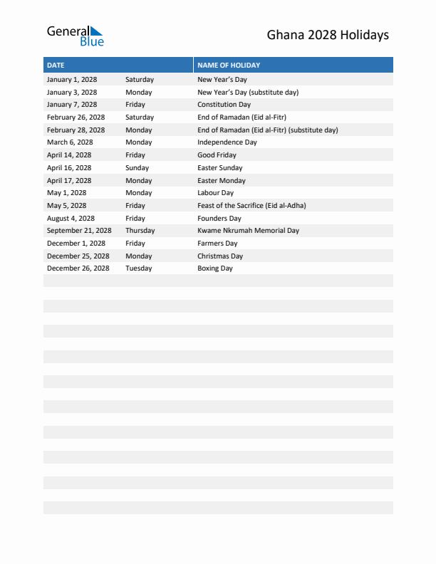 Free printable list of Ghana holidays for year 2028