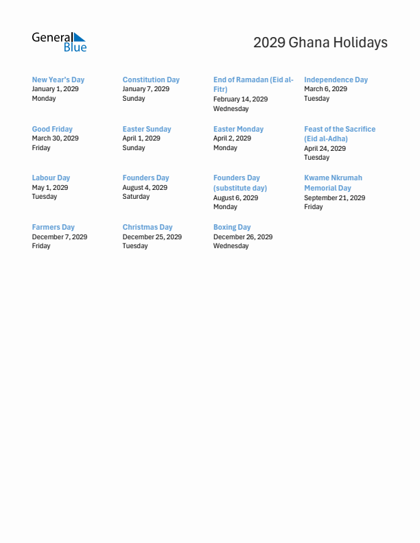 Free printable list of Ghana holidays for year 2029