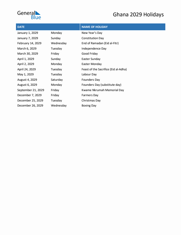 Free printable list of Ghana holidays for year 2029