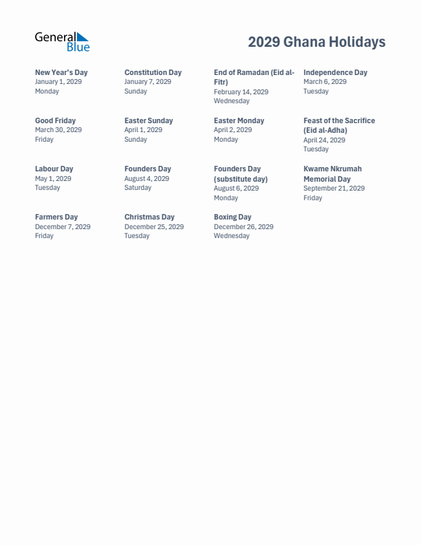 Free printable list of Ghana holidays for year 2029