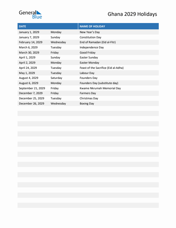 Free printable list of Ghana holidays for year 2029