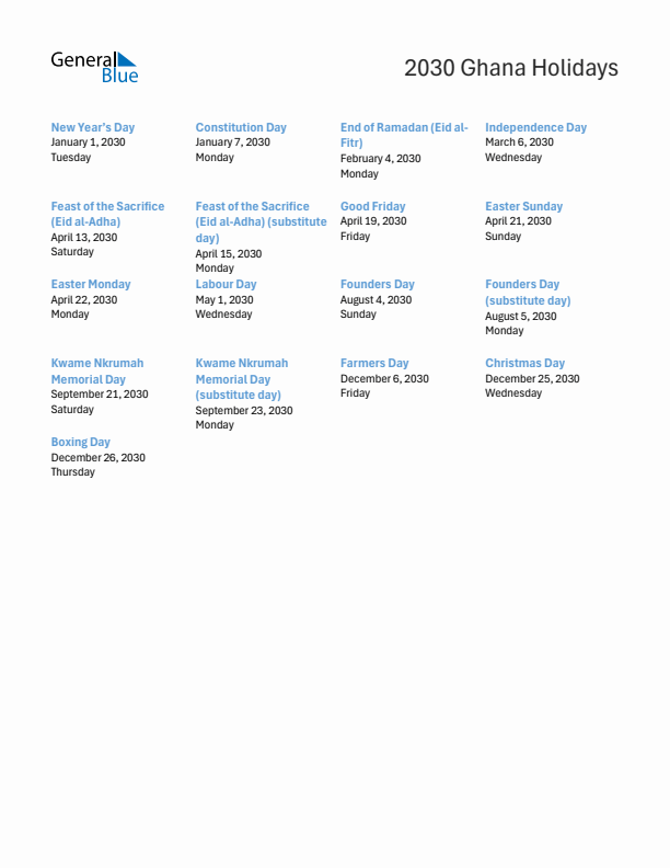 Free printable list of Ghana holidays for year 2030