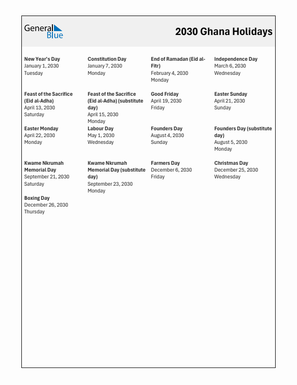 Free printable list of Ghana holidays for year 2030