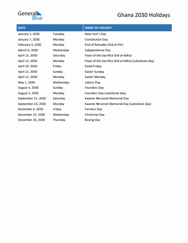 Free printable list of Ghana holidays for year 2030