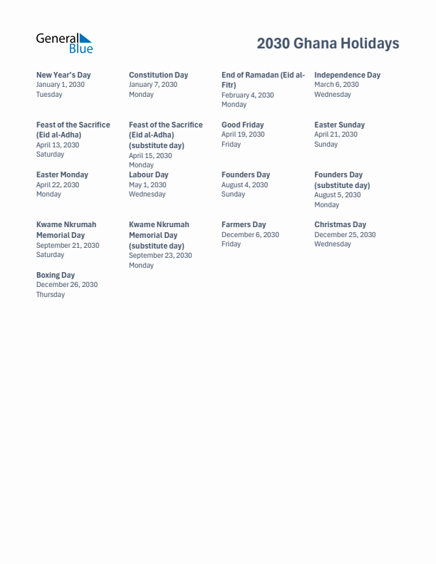 Free printable list of Ghana holidays for year 2030