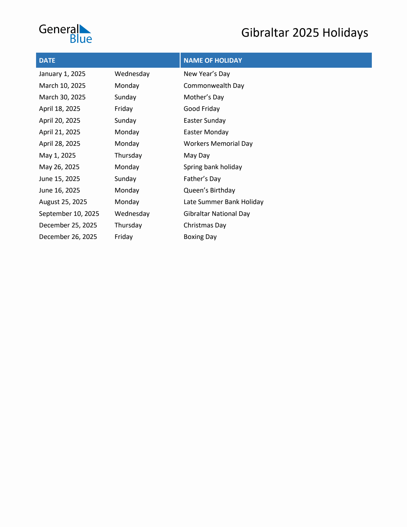 2025 Gibraltar List of Holidays in PDF, Word, and Excel