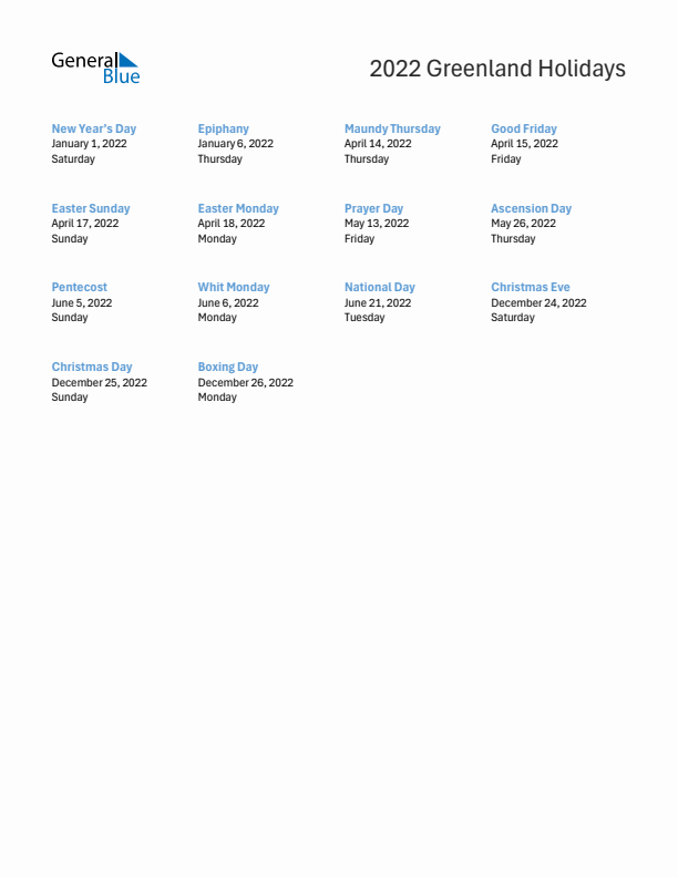 Free printable list of Greenland holidays for year 2022