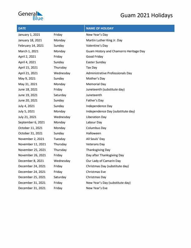Free printable list of Guam holidays for year 2021