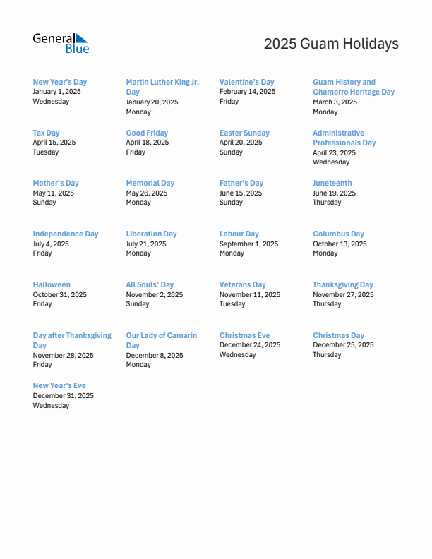 2025 Guam List of Holidays in PDF, Word, and Excel