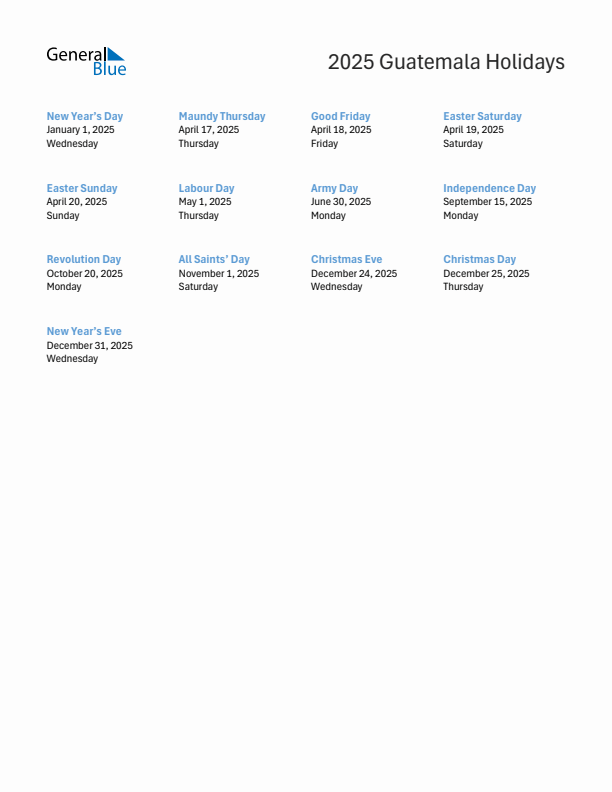 Free printable list of Guatemala holidays for year 2025