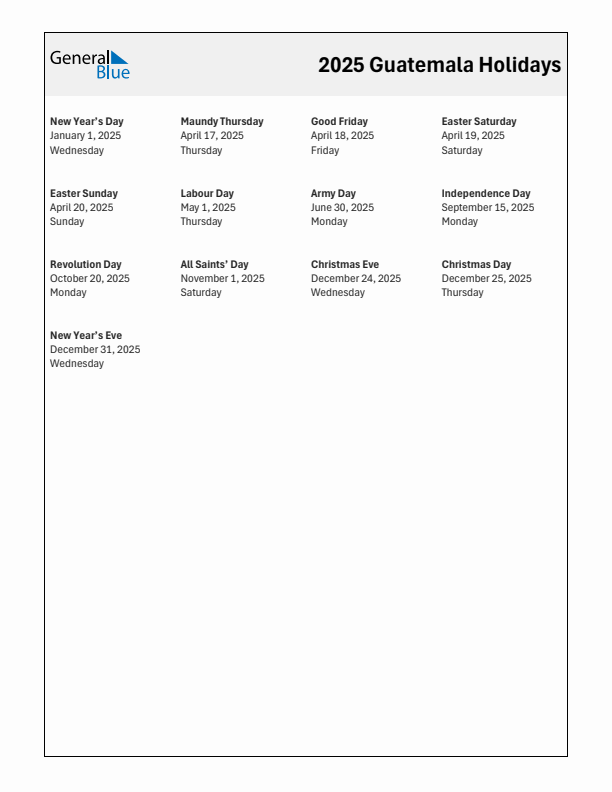 Free printable list of Guatemala holidays for year 2025