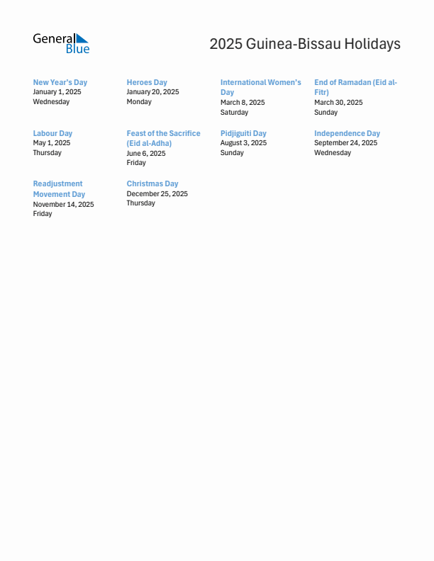 Free printable list of Guinea-Bissau holidays for year 2025