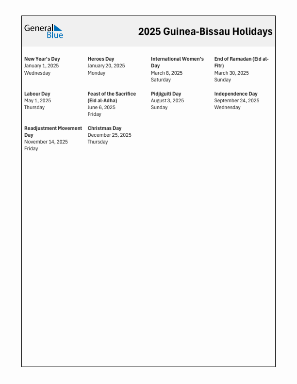 Free printable list of Guinea-Bissau holidays for year 2025