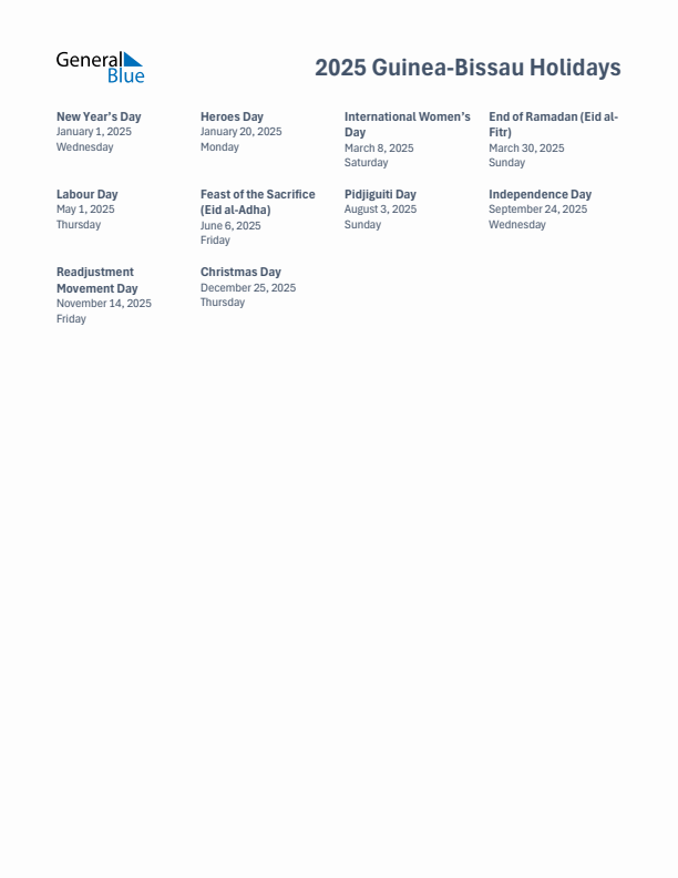 Free printable list of Guinea-Bissau holidays for year 2025