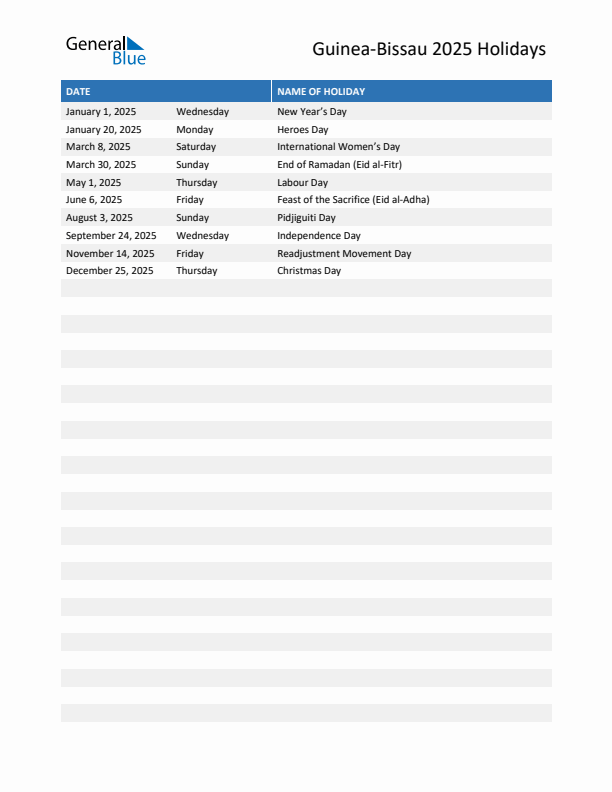 Free printable list of Guinea-Bissau holidays for year 2025