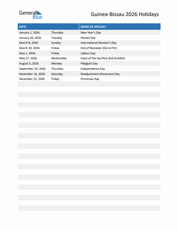 Free printable list of Guinea-Bissau holidays for year 2026