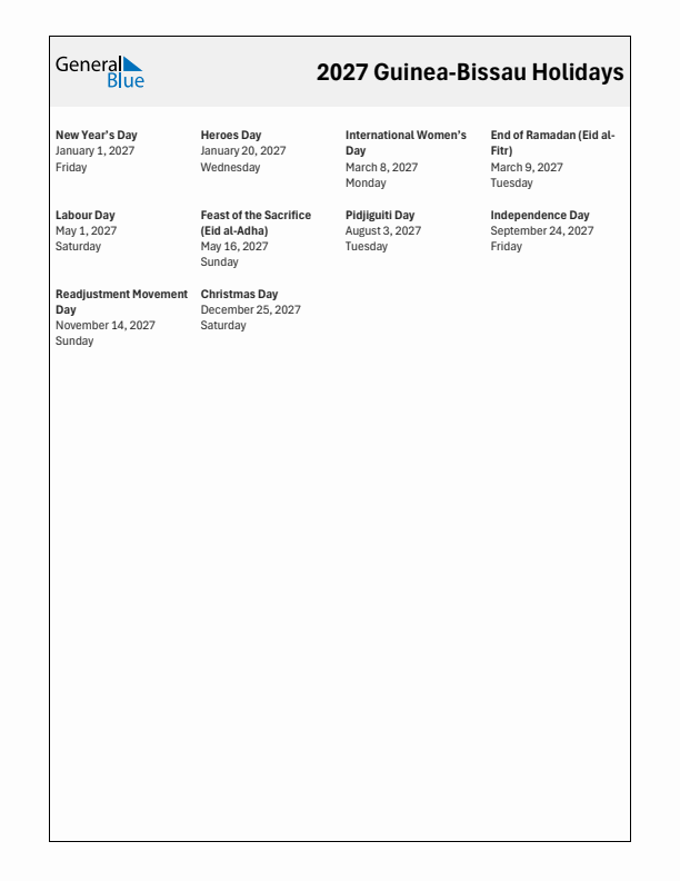 Free printable list of Guinea-Bissau holidays for year 2027