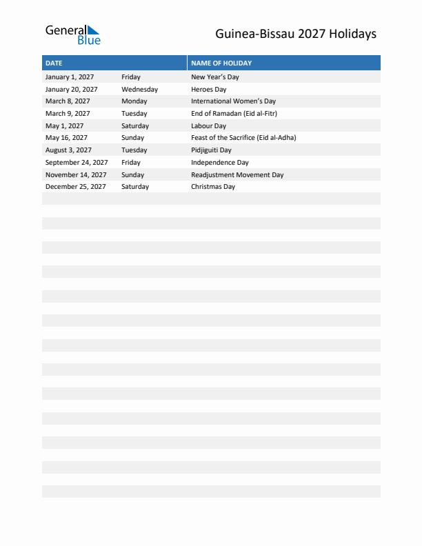 Free printable list of Guinea-Bissau holidays for year 2027